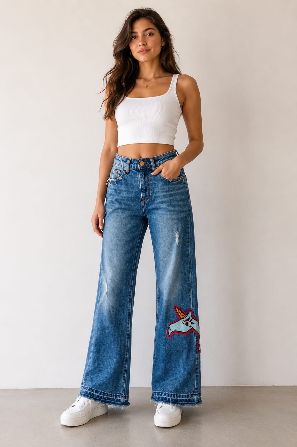 Women Unicorn patch wide leg denim jeans 30 Size