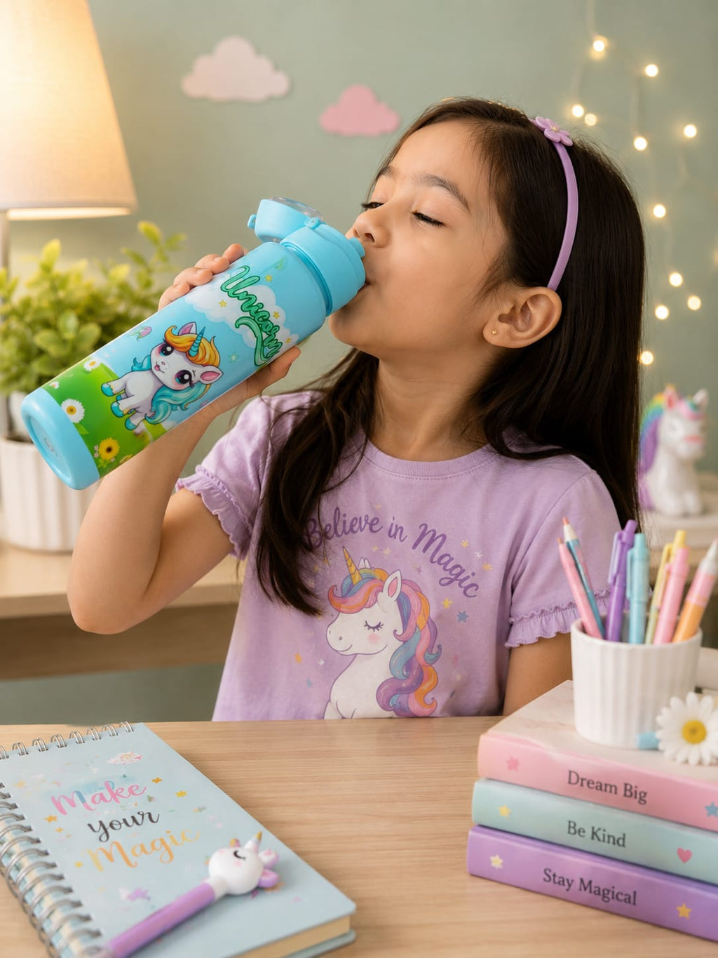 Rainbow unicorn water bottle | sky blue water bottle