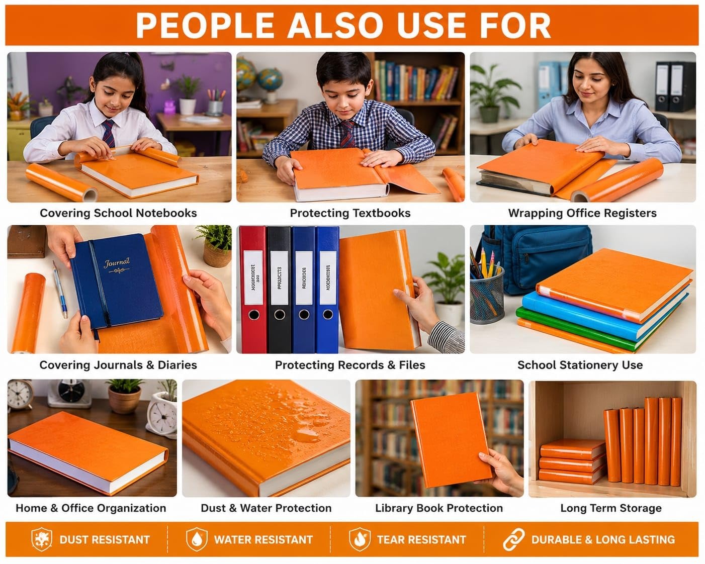 Orange Laminated Notebook Cover Roll Pack of 2 | 15 Inch x 10 Meter Book Cover Rolls | Water & Dust Resistant Kraft Paper for School Notebooks, Textbooks & Office Registers