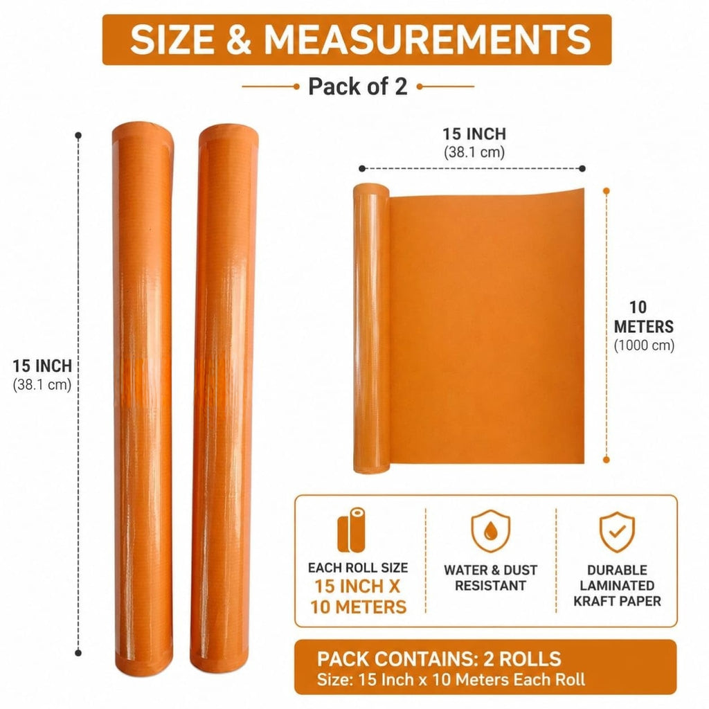 Orange Laminated Notebook Cover Roll Pack of 2 | 15 Inch x 10 Meter Book Cover Rolls | Water & Dust Resistant Kraft Paper for School Notebooks, Textbooks & Office Registers