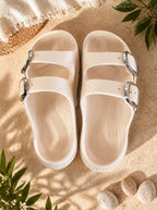 Beige double-buckle platform slide sandals ,Women's & Girl's Platform Slides, Adjustable Buckle Sandals, Casual Slide Sandals,
