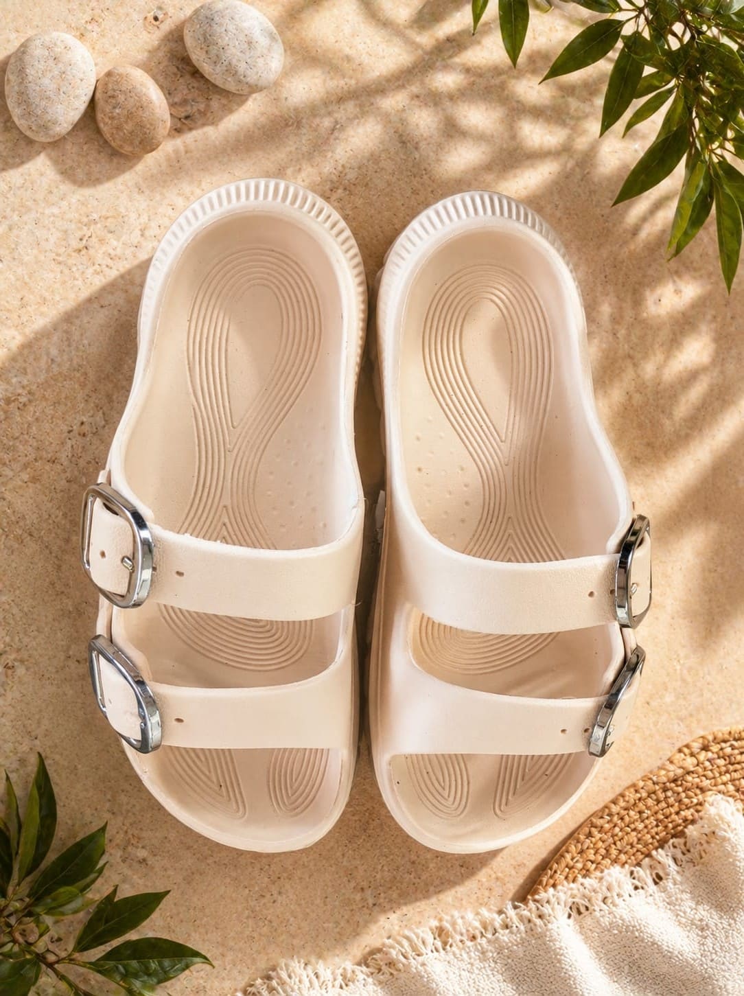 Beige double-buckle platform slide sandals ,Women's & Girl's Platform Slides, Adjustable Buckle Sandals, Casual Slide Sandals,