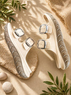 Beige double-buckle platform slide sandals ,Women's & Girl's Platform Slides, Adjustable Buckle Sandals, Casual Slide Sandals,