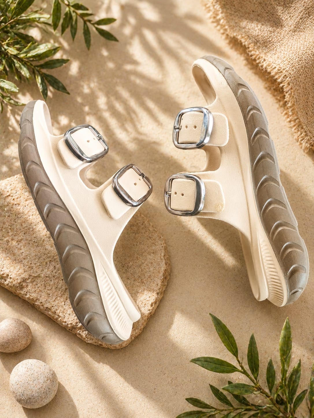 Beige double-buckle platform slide sandals ,Women's & Girl's Platform Slides, Adjustable Buckle Sandals, Casual Slide Sandals,