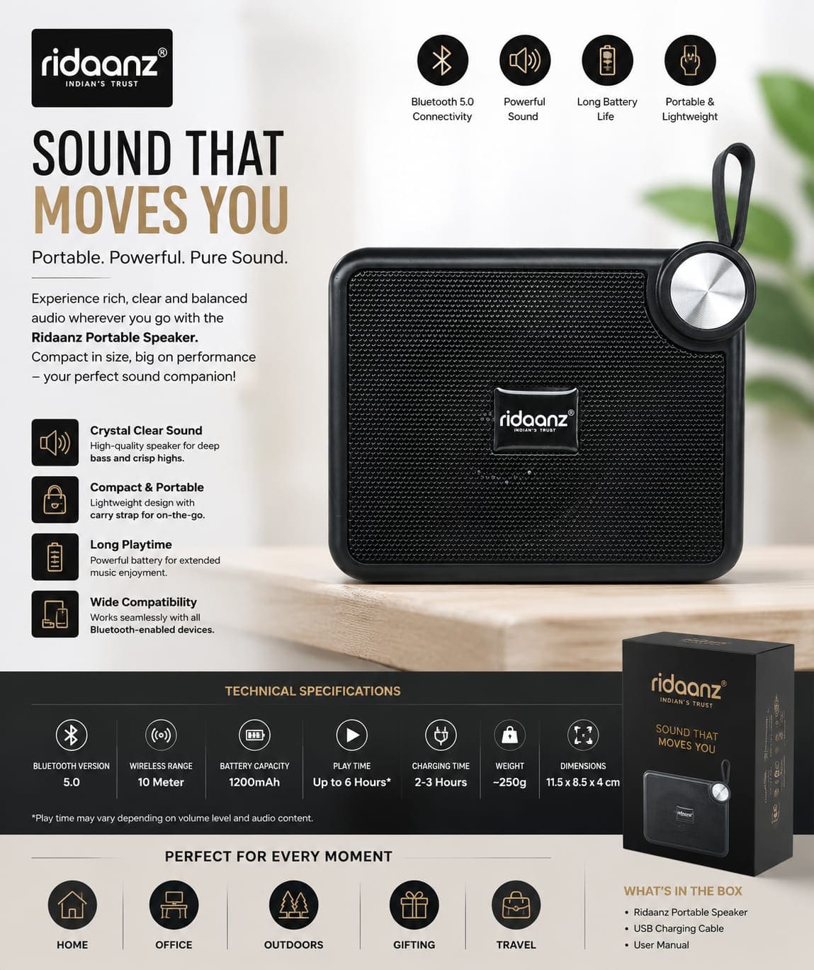 Ridaanz Portable Wireless Bluetooth Speaker with Carry Loop , Portable Bluetooth Speaker, Wireless Speaker, Bluetooth Speaker,