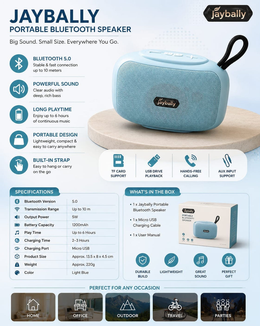Jaybally Mini Portable Wireless Bluetooth Speaker – Compact Stereo Speaker with Carry Loop