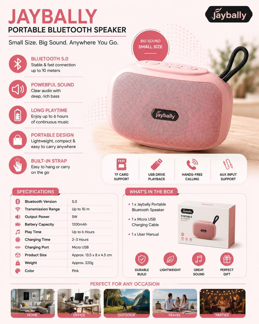 Jaybally Mini Portable Wireless Bluetooth Speaker – Compact Stereo Speaker with Carry Loop