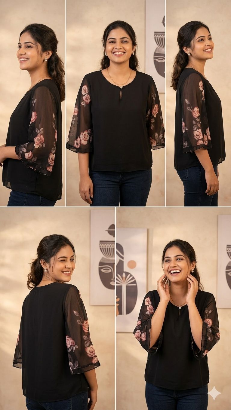 Korean  | Chinese | Floral Elegance Black Top | Korean & chinese crop top