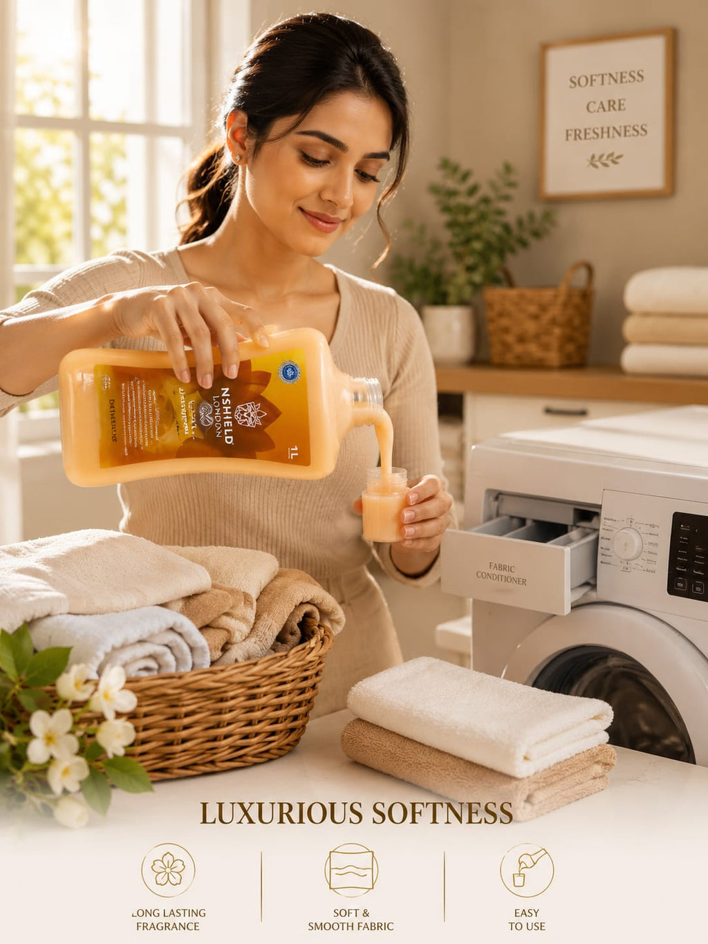 Nshield London Fabric Conditioner 1 Litre | Long-Lasting Freshness & Softness for Clothes | Gentle Fabric Care Liquid Conditioner for Daily Laundry Use