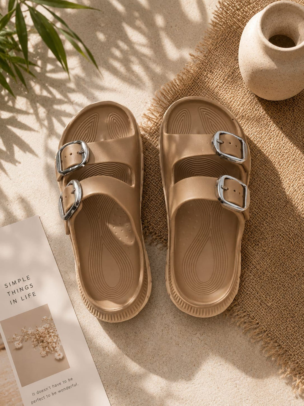 Beige double-buckle platform slide sandals ,Women's & Girl's Platform Slides, Adjustable Buckle Sandals, Casual Slide Sandals,