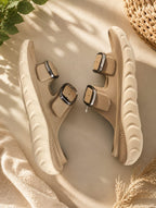 Beige double-buckle platform slide sandals ,Women's & Girl's Platform Slides, Adjustable Buckle Sandals, Casual Slide Sandals,