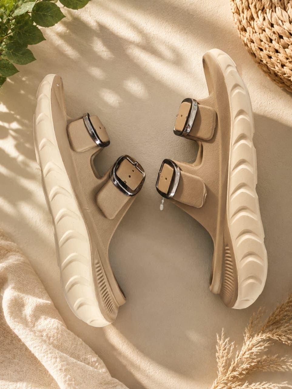 Beige double-buckle platform slide sandals ,Women's & Girl's Platform Slides, Adjustable Buckle Sandals, Casual Slide Sandals,