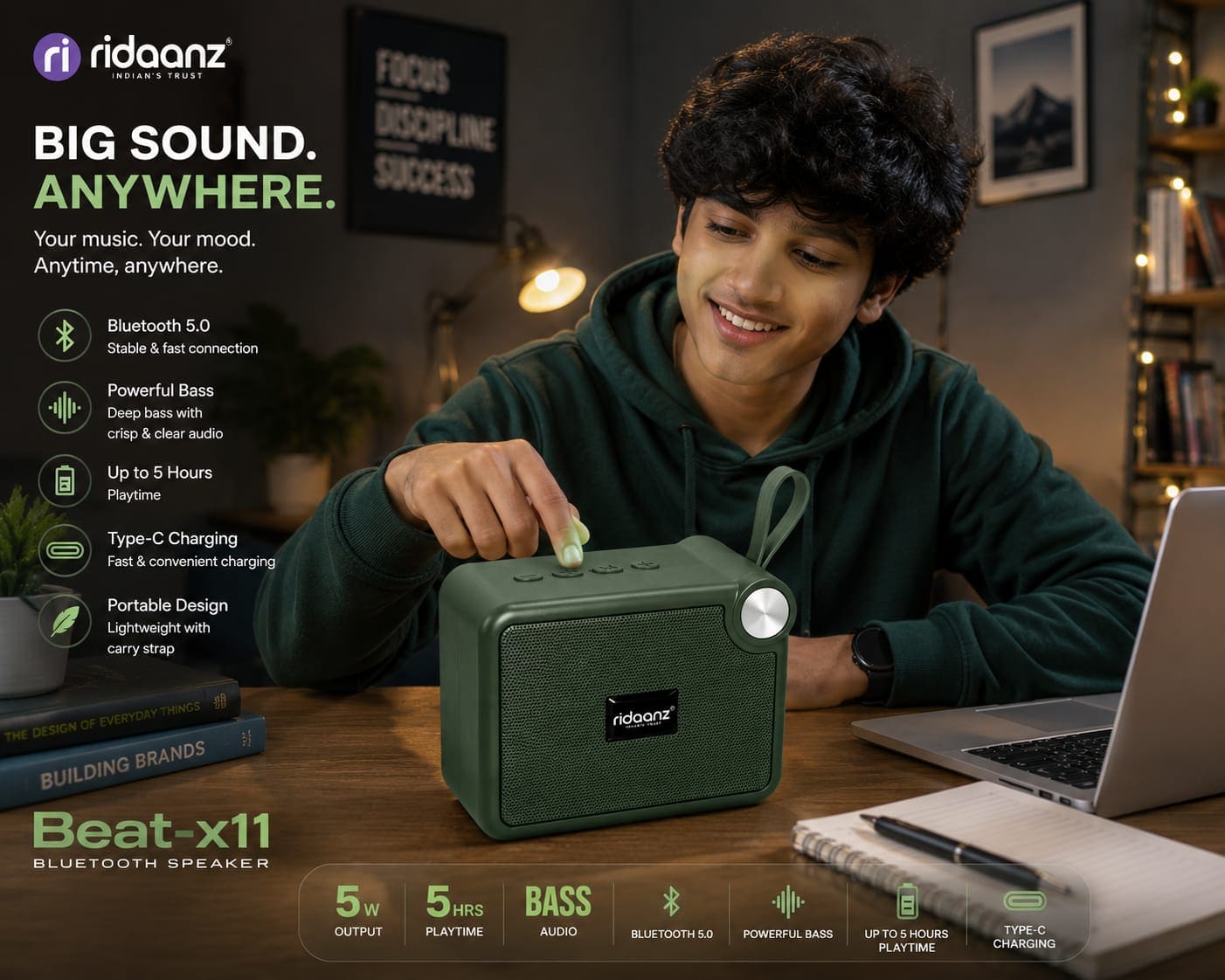 Ridaanz Portable Wireless Bluetooth Speaker with Carry Loop , Portable Bluetooth Speaker, Wireless Speaker, Bluetooth Speaker,